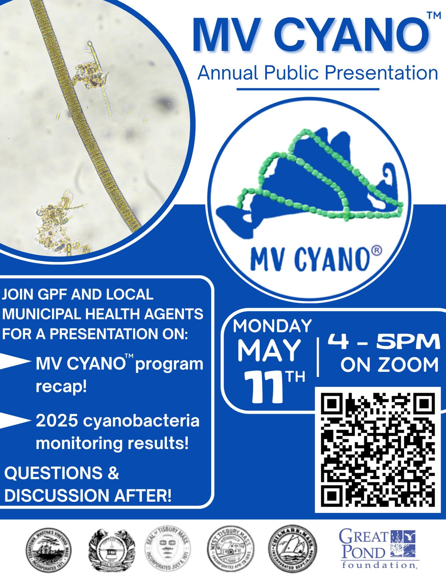 Join us next Monday for our Annual MV CYANO public presentation! 

🗓️Monday, May 11th 

⏰4-5 on Zoom link in bio 

We will discuss the MV CYANO program and go over the 2025 monitoring results… 

Hope to see you there!